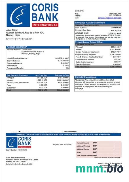 Niger Coris Bank International wyciąg z kredytu hipotecznego szablon Word i PDF